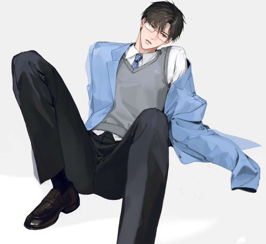 1boy, absurdres, black_hair, black_pants, black_shoes, black_socks, blue_necktie, collared_shirt, foot_out_of_frame, glasses, grey_sweater_vest, highres, long_sleeves, looking_to_the_side, love_and_deepspace, male_focus, nagori_michiru, necktie, pants, parted_bangs, rectangular_eyewear, shirt, shoes, short_hair, simple_background, socks, solo, sweater_vest, teeth, white_background, white_shirt, zayne_(love_and_deepspace)