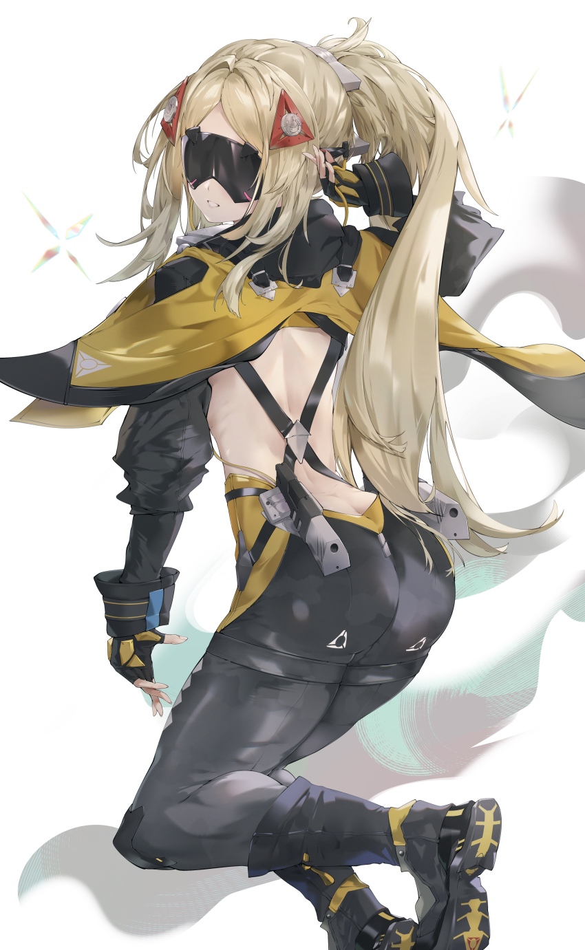 1girl, absurdres, ass, black_pants, black_shrug, blindfold, blindfold_mask, blonde_hair