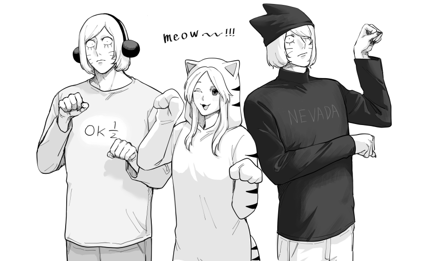 1girl, 2boys, absurdres, animal_costume, animal_ears, animal_hat, cat_costume, cat_hat