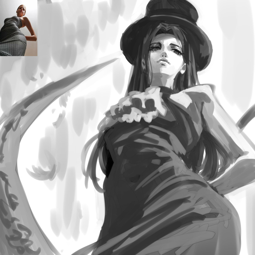 1other, absurdres, ascot, bare_shoulders, black_hair, closed_mouth, cylinder, dress