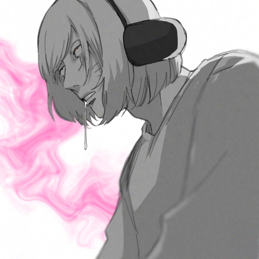 1boy, animal_ears, commentary_request, drooling, facial_mark, fake_animal_ears, harunoseki0414, highres, looking_to_the_side, male_focus, nyon_(randal's_friends), randal's_friends, saliva, shirt, short_hair, solo, stoned, whisker_markings, white_background