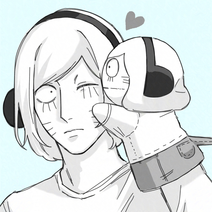 1boy, animal_ears, blue_background, character_doll, commentary_request, doll, facial_mark, fake_animal_ears