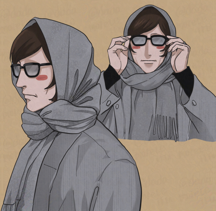 1boy, adjusting_eyewear, brown_background, brown_hair, coat, commentary_request, glasses, grey_coat