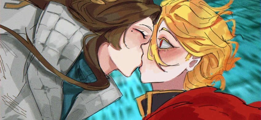 2girls, blonde_hair, blue_background, blue_sweater, brown_hair, closed_eyes, coat, don_quixote_(project_moon)