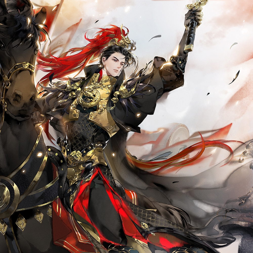 1boy, arm_up, armor, armored_boots, black_gloves, black_hair, black_pants, black_shirt