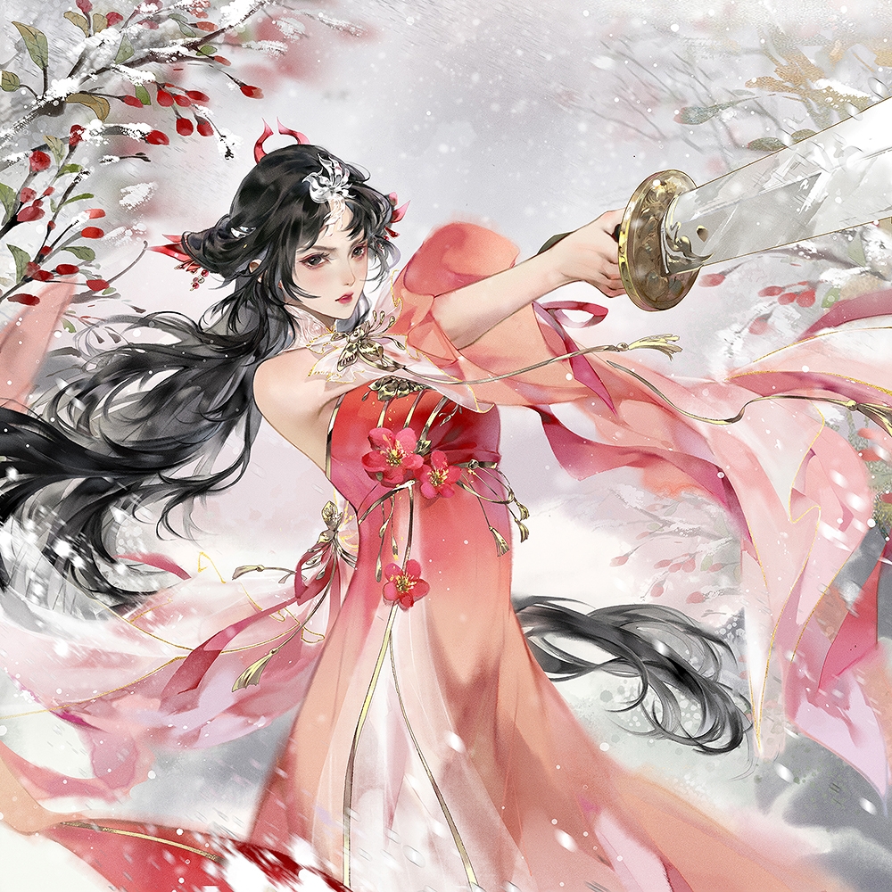 1girl, bare_shoulders, berry, bird_hair_ornament, black_eyes, black_hair, bow, character_request, cherry_blossoms, chinese_clothes, cloud, cloudy_sky, dao_(weapon), detached_sleeves, determined, double_bun, dress, east_asian, eyelashes, eyeshadow, feet_out_of_frame, fighting_stance, floating_hair, flower, furrowed_brow, hair_bun, hair_ornament, holding, holding_sword, holding_weapon, hua_yu_jian, layered_dress, layered_sleeves, lipstick, long_dress, long_hair, long_sleeves, looking_ahead, makeup, outdoors, parted_bangs, parted_lips, pink_bow, pink_dress, pink_eyeshadow, pink_flower, pink_lips, realistic, sky, snow, snowing, solo, strapless, strapless_dress, sword, thick_eyebrows, very_long_hair, weapon, white_dress, white_sleeves, wide_sleeves, wind, winter, ye_dian_pikaqiu