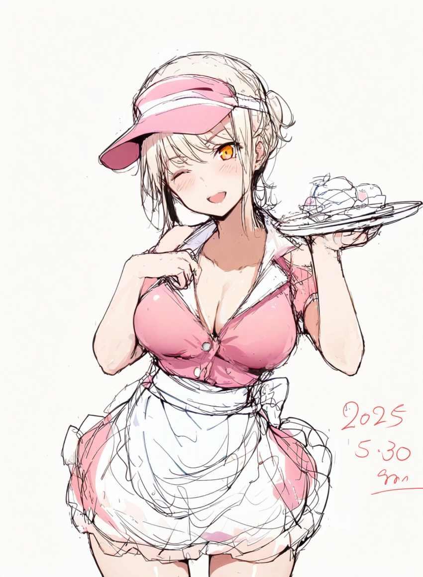 1girl, ;d, apron, bare_shoulders, blush, breasts, carhop, cleavage