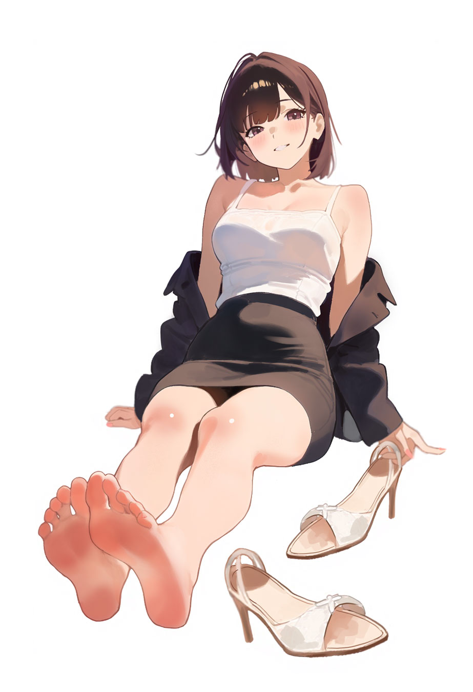 1girl, bare_legs, bare_shoulders, barefoot, black_jacket, black_skirt, blush, breasts