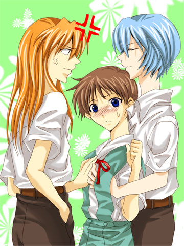 1girl, 2boys, androgynous, ayanami_rei, ayanami_reiji, blue_eyes, blue_hair, blush
