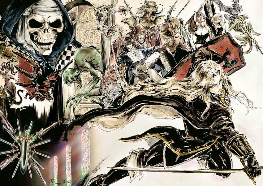 3girls, 4others, 6+boys, alucard_(castlevania), axe, bat_(animal), battle_axe, beelzebub_(castlevania), blonde_hair, blueroguemarl, brown_gloves, brown_hair, bug, cape, castlevania:_symphony_of_the_night, castlevania_(series), colored_skin, commentary, death_(castlevania), demon_wings, english_commentary, floating, floating_object, floating_sword, floating_weapon, fly, gaibon_(castlevania), giant_bat_(castlevania), gloves, green_skin, highres, holding, holding_polearm, holding_shield, holding_sword, holding_weapon, hood, horns, insect, lisa_tepes, long_hair, medium_hair, medusa_(castlevania), minotaur, minotaur_(castlevania), monster, multiple_boys, multiple_girls, multiple_others, olrox, polearm, red_eyes, richter_belmont, robe, ruler_sword, shaft_(castlevania), shield, sitting, skeleton, skull, slogra_(castlevania), snake_hair, spear, stained_glass, succubus_(castlevania), sword, weapon, werewolf_(castlevania), wings, yellow_eyes