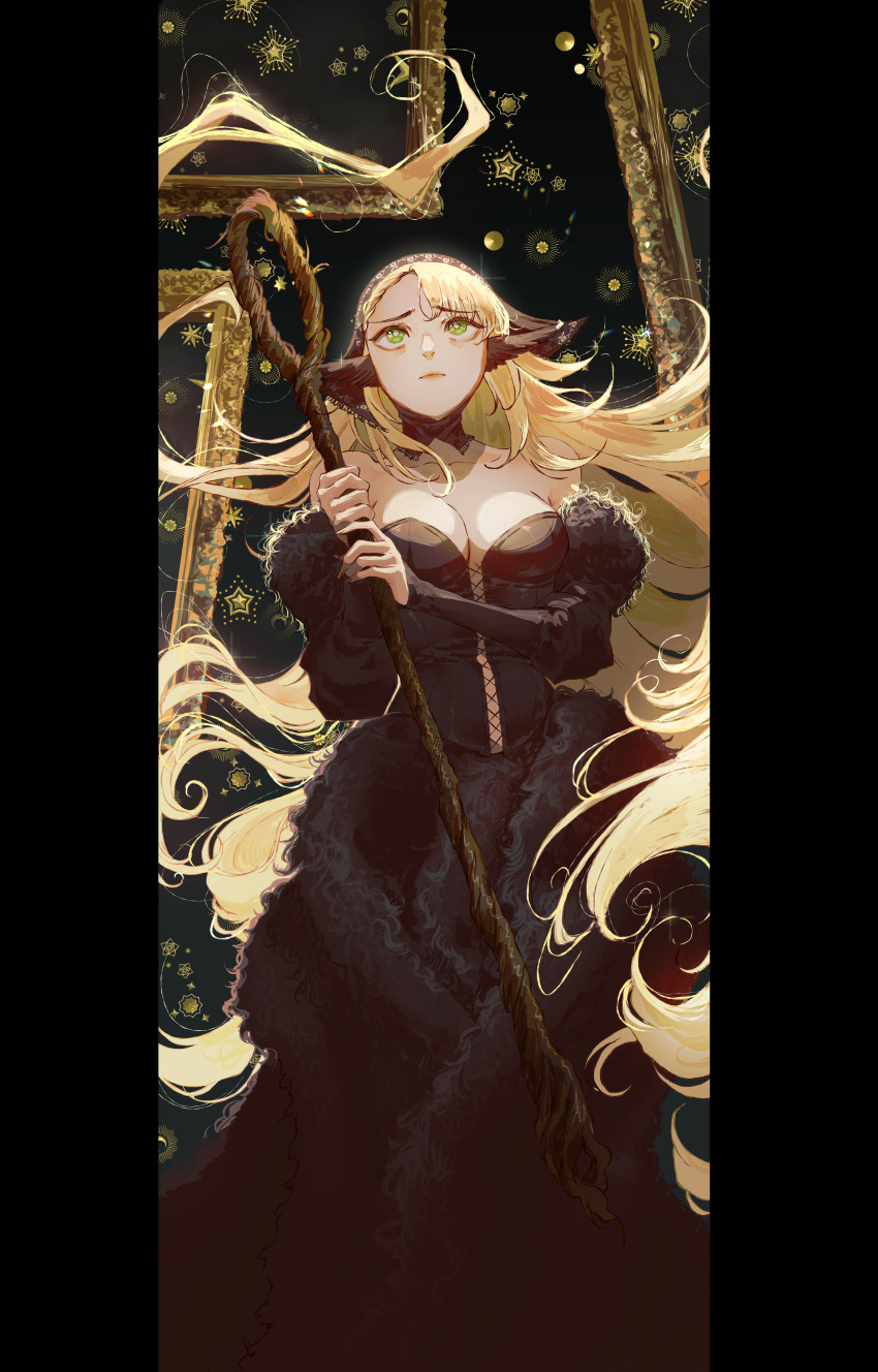 1girl, absurdres, artkurera, black_dress, blonde_hair, breasts, closed_mouth, dress