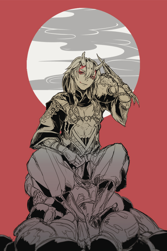 1boy, bottle, closed_mouth, grimms_notes, horns, japanese_clothes, long_hair, looking_at_viewer