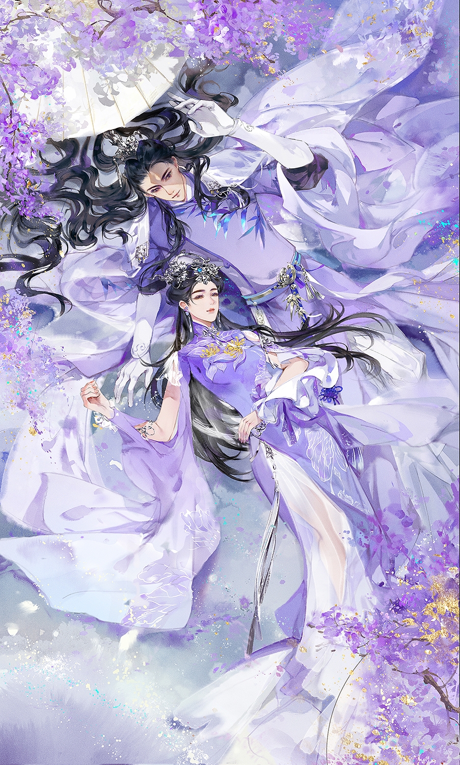 1boy, 1girl, arm_cutout, arm_up, black_eyes, black_hair, character_request, chinese_commentary, closed_eyes, closed_mouth, clothing_cutout, commentary_request, crown, dress, east_asian, eyelashes, flower, forehead, frilled_dress, frills, full_body, gloves, gradient_robe, gradient_sleeves, hair_spread_out, hand_on_own_hip, highres, hua_yu_jian, light_particles, lipstick, long_hair, long_sleeves, looking_at_another, lying, makeup, oil-paper_umbrella, on_back, outdoors, pink_lips, purple_flower, purple_robe, purple_theme, robe, side_slit, smile, thick_eyebrows, umbrella, white_gloves, white_robe, white_sleeves, white_umbrella, wide_sleeves, ye_dian_pikaqiu