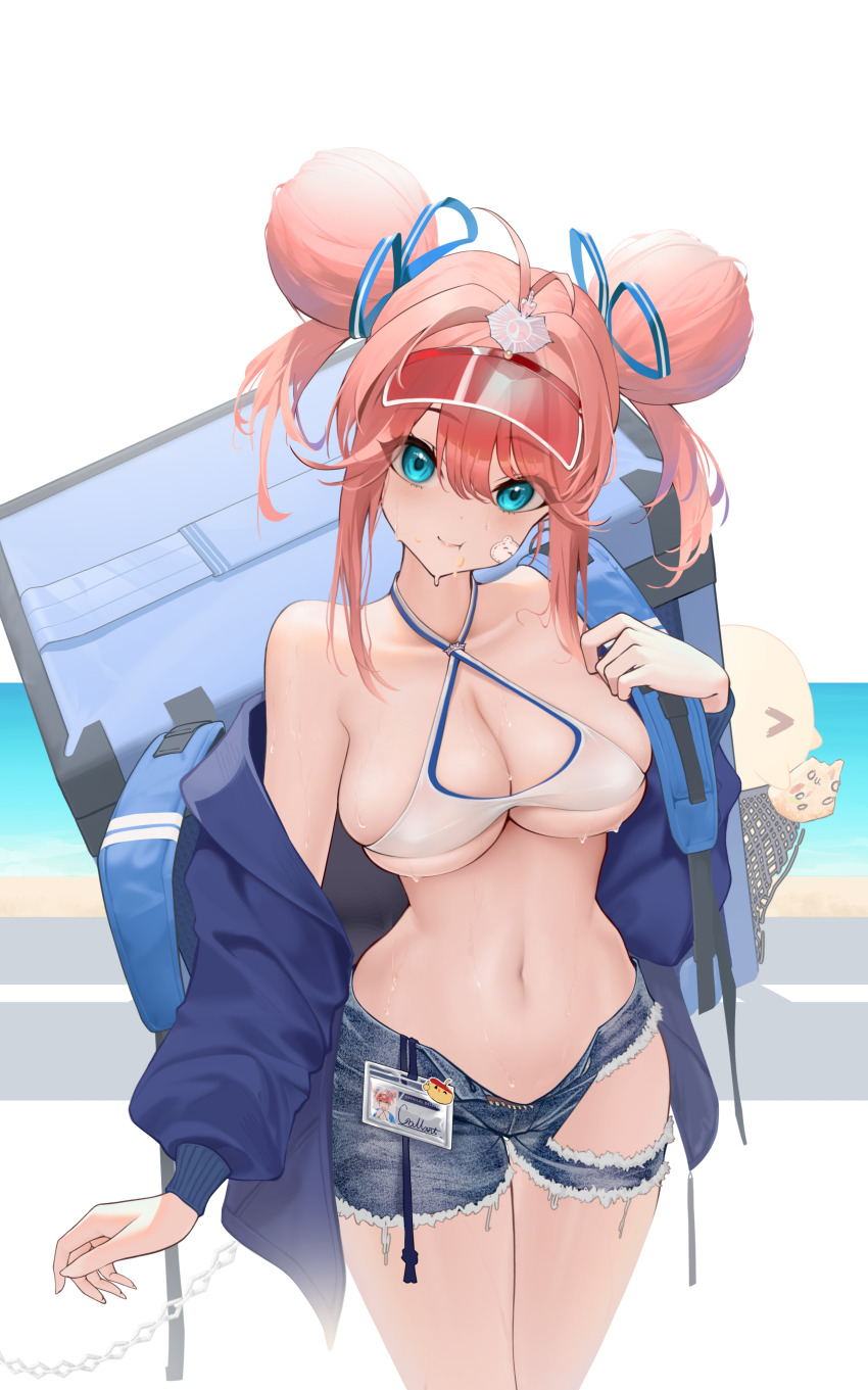 1girl, absurdres, antenna_hair, azur_lane, backpack, bag, bandaid, bandaid_on_face, bare_shoulders, bikini, bikini_top_only, blue_eyes, blue_jacket, blue_trim, breasts, chain, cleavage, collarbone, commentary_request, criss-cross_halter, crop_top, cutoffs, denim, denim_shorts, double_bun, eating, food, food_on_face, gallant_(azur_lane), gallant_(express-ive_delivery)_(azur_lane), hair_between_eyes, hair_bun, hair_intakes, hair_ribbon, halterneck, head_tilt, highres, holding, holding_bag, huang_(pixiv3580877), id_card, insulated_delivery_bag, jacket, large_breasts, long_hair, looking_at_viewer, manjuu_(azur_lane), navel, off_shoulder, official_alternate_costume, open_clothes, open_fly, open_jacket, open_shorts, pink_hair, ribbon, shorts, sidelocks, skindentation, solo, standing, stomach, swimsuit, thighs, torn_clothes, torn_shorts, visor_cap, white_background, white_bikini