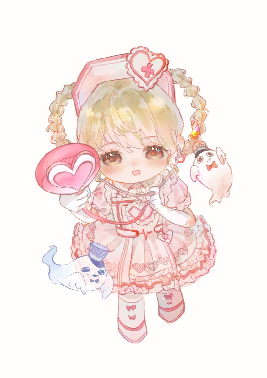 1girl, absurdres, azi_butaizi, blonde_hair, bow, bow_legwear, braid, braided_hair_rings, cardiogram, cardiogram_print, chibi, chinese_commentary, cleavage_cutout, clothing_cutout, collared_dress, commentary_request, cross, cross_print, dot_nose, dress, earrings, frilled_dress, frilled_sleeves, frills, ghost, gloves, hair_rings, happy, hat, hat_ornament, heart, heart_earrings, heart_hat_ornament, heart_print, highres, holding, holding_stethoscope, infinity_nikki, jewelry, kneehighs, light_blush, loose_hair_strand, medium_dress, nikki_(series), nurse, nurse_cap, open_mouth, pink_bow, pink_dress, pink_hat, pink_shoes, pleated_dress, puffy_short_sleeves, puffy_sleeves, shoes, short_hair, short_sleeves, simple_background, smile, socks, solo, standing, stethoscope, sweet_diagnosis_(infinity_nikki), swept_bangs, teeth, upper_teeth_only, white_background, white_gloves, white_socks