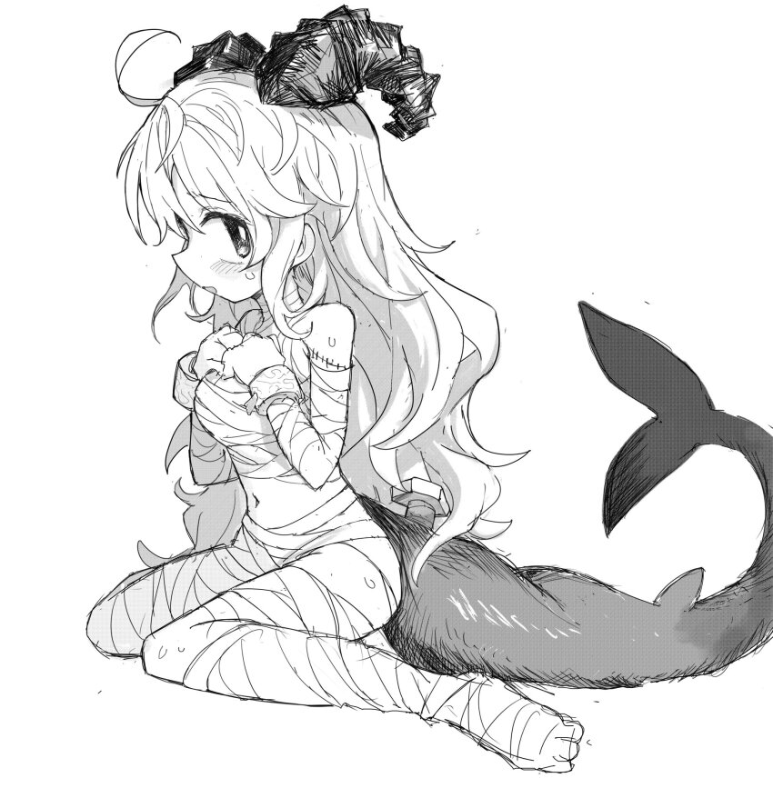 1girl, abysmal, ahoge, bandages, barefoot, blush, breasts, cuffs