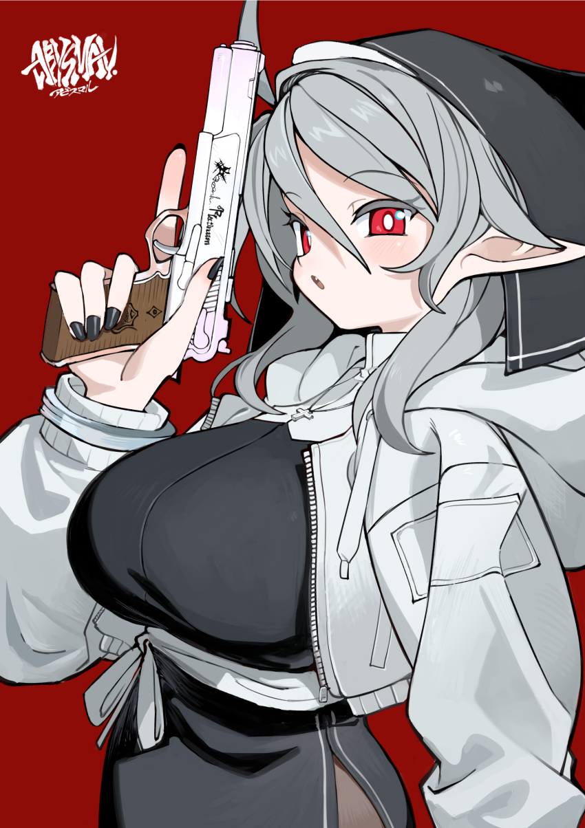 1girl, absurdres, abysmal, black_dress, black_nails, black_veil, blush, breasts