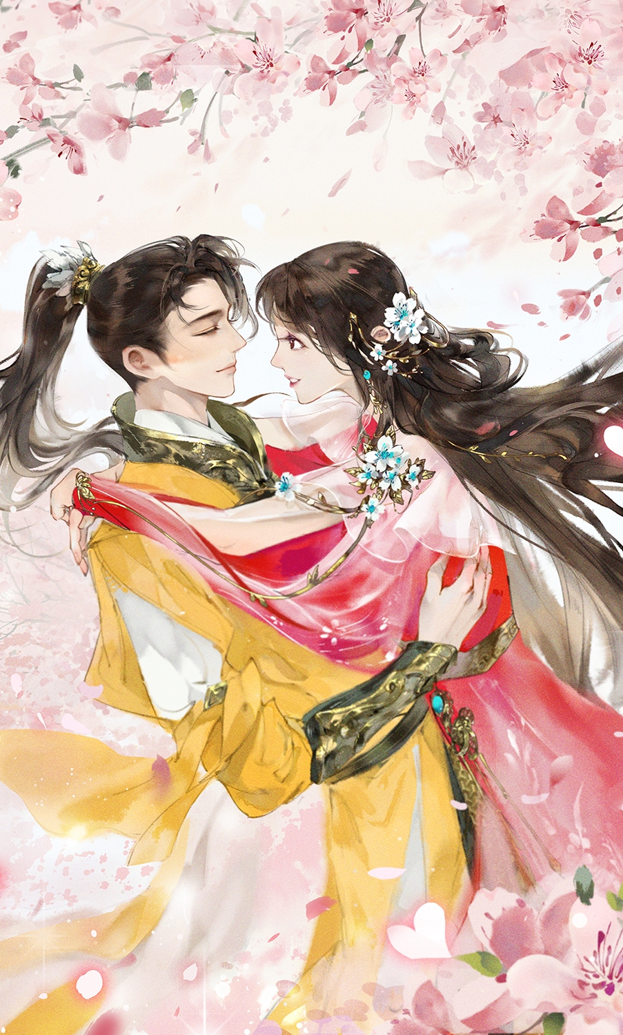 1boy, 1girl, arm_cutout, arms_around_neck, bracer, branch, brown_eyes, brown_hair, character_request, cherry_blossoms, china_dress, chinese_clothes, chinese_commentary, closed_eyes, closed_mouth, clothing_cutout, commentary_request, couple, cowboy_shot, day, dress, eyelashes, falling_petals, feather_hair_ornament, feathers, floating_hair, flower, from_side, hair_flower, hair_ornament, hair_rings, hand_on_another's_back, hetero, highres, hua_yu_jian, hug, light_blush, lips, lipstick, long_dress, long_hair, long_sleeves, looking_at_another, makeup, open_mouth, outdoors, petals, pink_dress, pink_flower, pink_lips, ponytail, shirt, sky, smile, spring_(season), teeth, tree, white_flower, white_shirt, white_sky, ye_dian_pikaqiu, yellow_hanfu