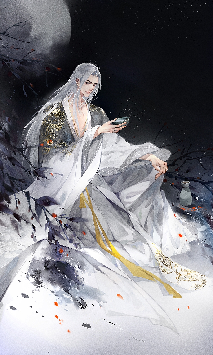 1boy, alcohol, berry, black_eyes, black_hanfu, branch, character_request, chinese_clothes