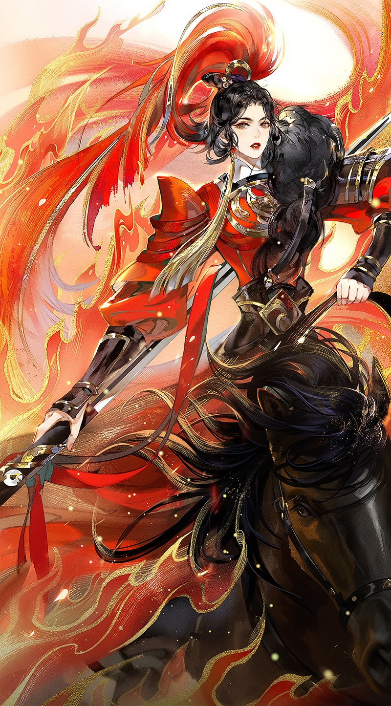 1girl, architecture, armor, black_hair, bracer, character_request, chinese_clothes, east_asian_architecture