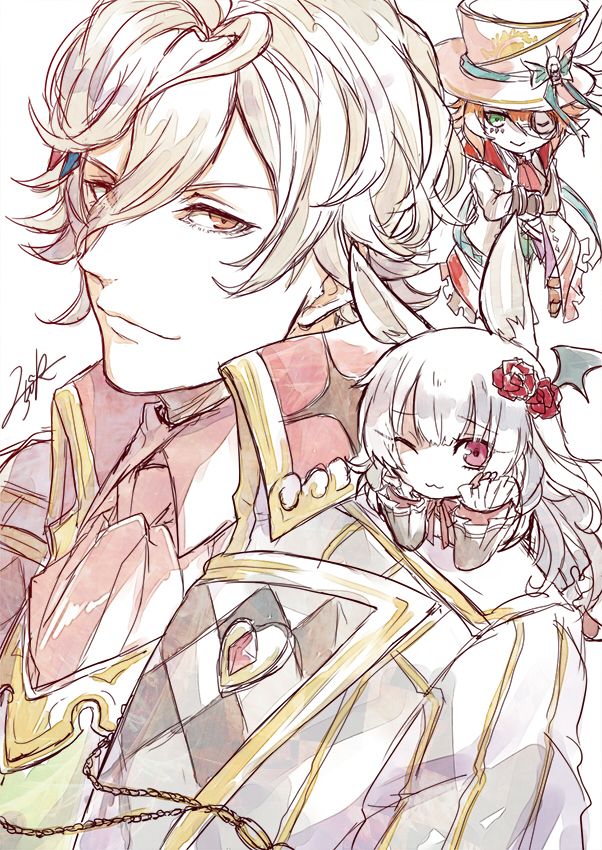 1girl, 2boys, chibi, closed_mouth, green_eyes, grey_hair, grimms_notes, hat