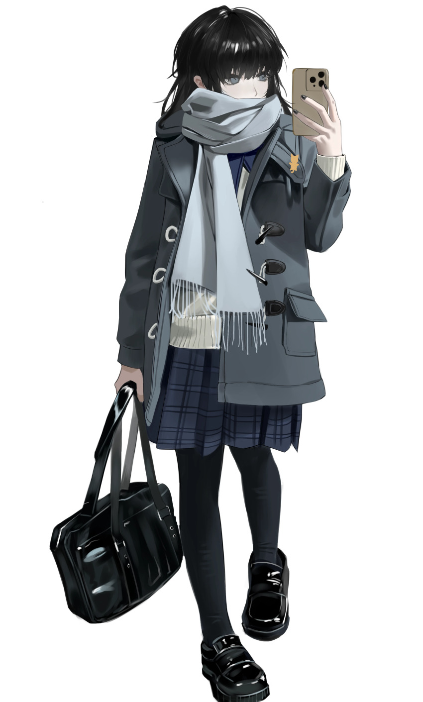 1girl, absurdres, bag, black_bag, black_hair, black_nails, black_pantyhose, black_shoes, blue_scarf, blue_skirt, cellphone, grey_jacket, hair_between_eyes, highres, holding, holding_bag, holding_phone, jacket, kino_(user_scft3885), long_hair, looking_at_object, original, pantyhose, phone, plaid_clothes, plaid_skirt, scarf, scarf_over_mouth, shirt, shoes, sidelocks, skirt, smartphone, solo, white_shirt