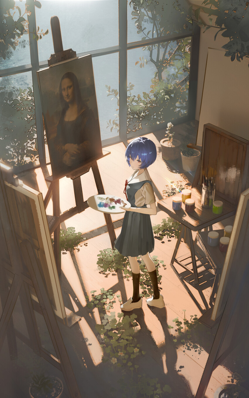 2girls, absurdres, ayanami_rei, black_socks, blue_hair, closed_mouth, dress, fine_art_parody