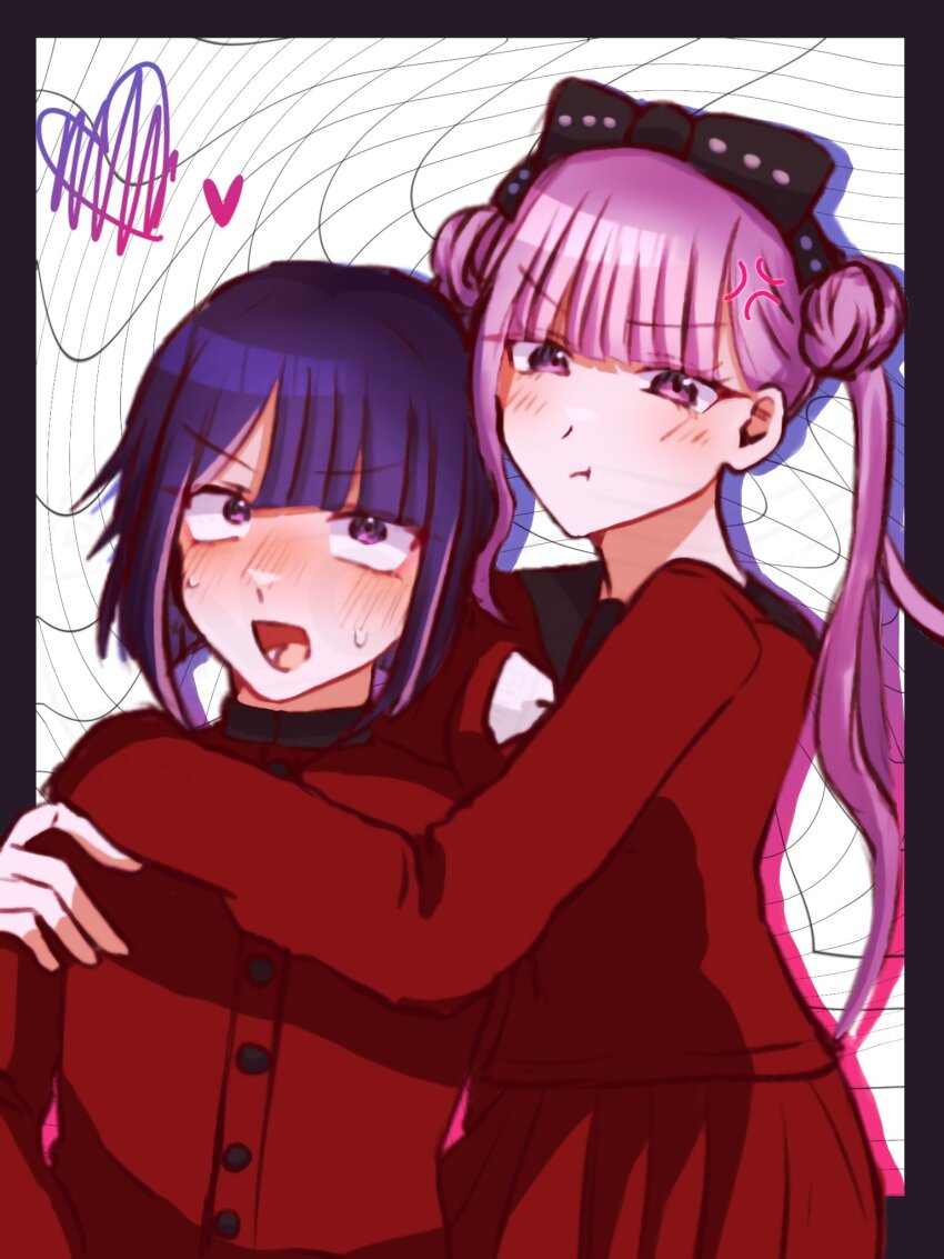 black_border, black_bow, black_hair, blush, border, bow, brother_and_sister, closed_mouth