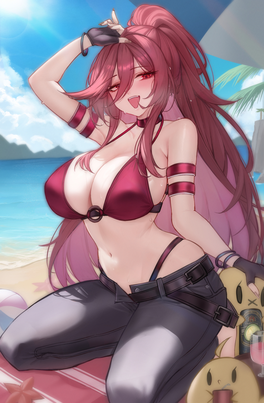 1girl, absurdres, arm_up, azur_lane, belt, bikini, bikini_top_only, black_belt