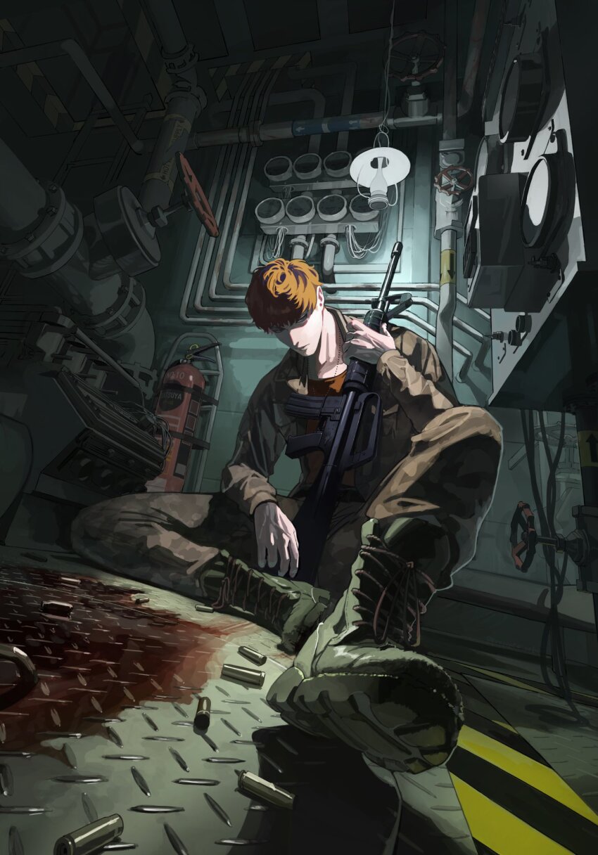 1boy, arm_on_thigh, background_request, blood, blood_on_ground, boat_interior, boots, busujima_mason_rio