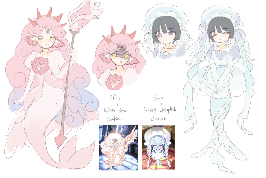 2girls, absurdres, alien_stage, black_hair, black_pearl_cookie, blue_dress, blue_hair, blue_hat