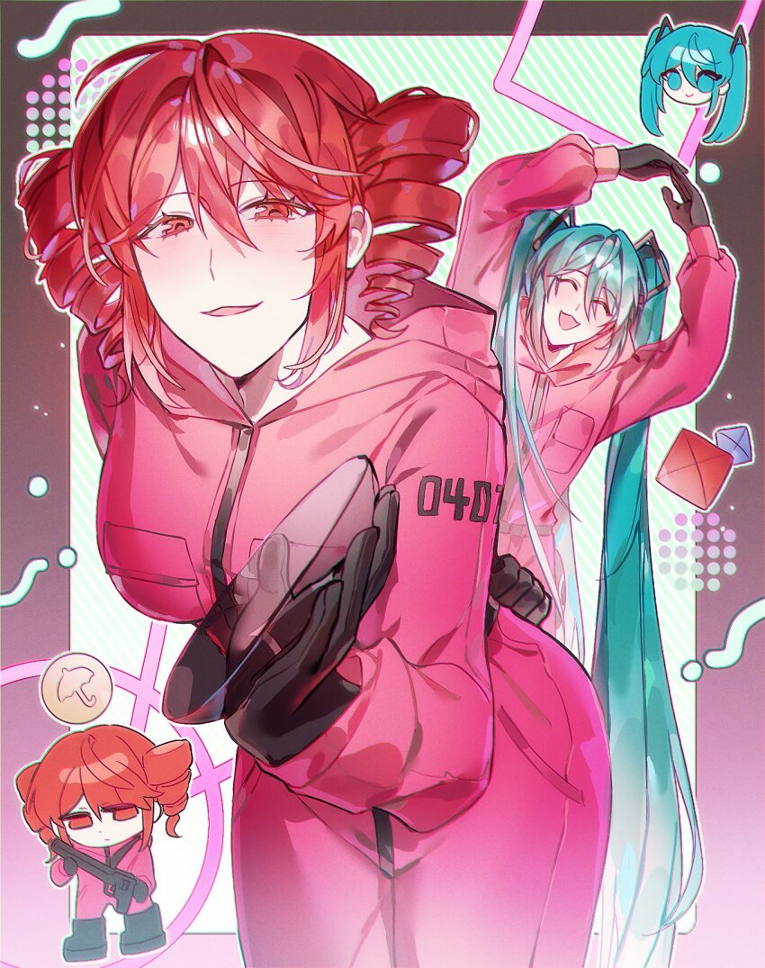 2girls, ahoge, alternate_costume, aqua_hair, arm_behind_back, black_boots, black_gloves, blue_eyes