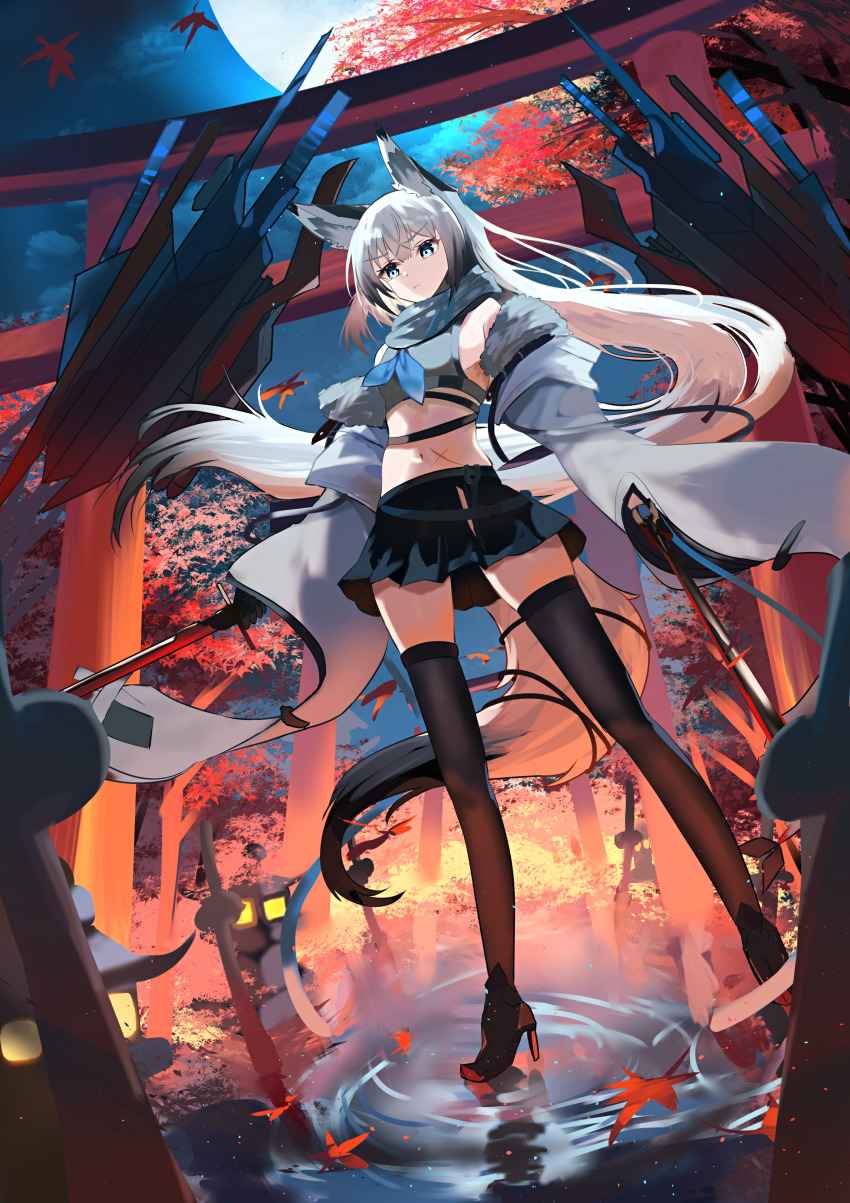 1girl, absurdres, animal_ears, autumn_leaves, azur_lane, belt, black_belt, black_sailor_collar, black_skirt, blue_eyes, detached_sleeves, fox_ears, fox_girl, fox_tail, full_body, high_heels, highres, japanese_clothes, katana, kawakaze_(azur_lane), kawakaze_(meta)_(azur_lane), leaf, looking_at_viewer, midriff, moon, natsuki_(natsu_1936), navel, night, sailor_collar, scar, scar_on_stomach, scarf, shirt, shrine, skirt, sleeveless, sleeveless_shirt, solo, sword, tail, torii, weapon, white_shirt, wide_sleeves