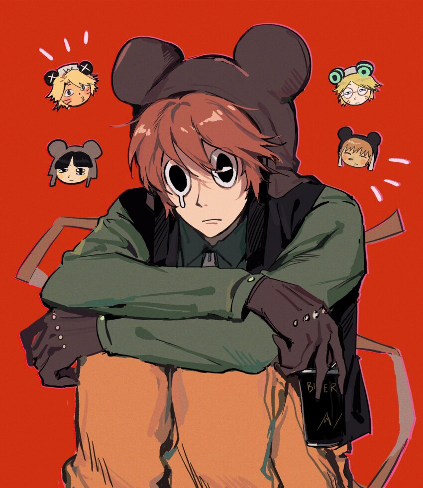 5boys, 97ttwwaazz, beer_can, black_eyes, brown_gloves, brown_hair, can, commentary