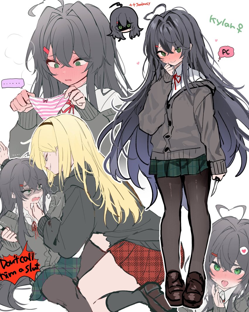 ..., 2girls, @_@, absurdres, ahoge, black_hair, black_pantyhose, black_socks