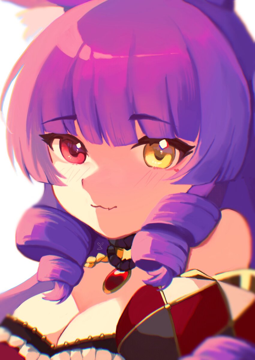 1girl, :3, animal_ears, bare_shoulders, blunt_bangs, blush, breasts, cleavage