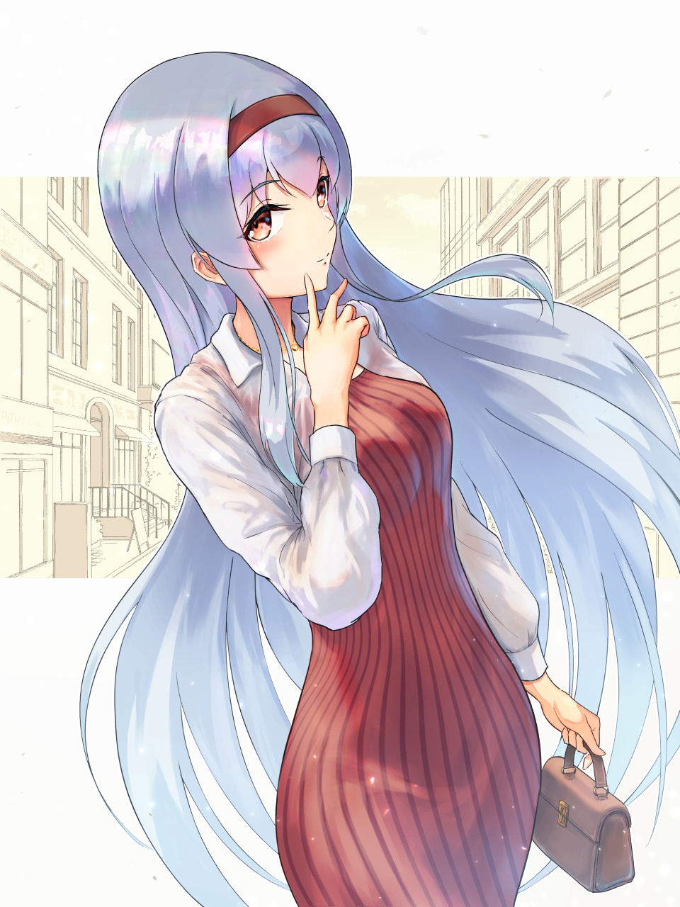1girl, alternate_costume, breasts, brown_eyes, dress, grey_hair, hair_between_eyes, hairband