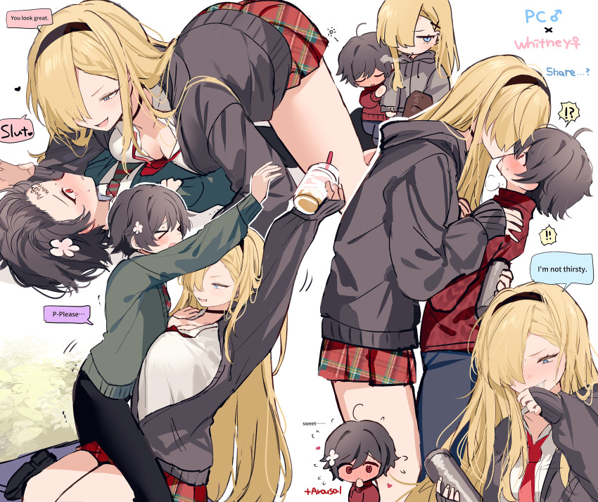 !, !!, !?, >_<, 1boy, 1girl, age_difference, all_fours, assertive_female, black_hair, blonde_hair, blush, body_writing, breasts, cardigan, character_name, cigarette, closed_eyes, collared_shirt, cup, degrees_of_lewdity, english_text, femdom, flying_sweatdrops, hair_between_eyes, hair_ornament, hair_over_one_eye, hairband, hairclip, height_difference, hetero, highres, holding, holding_cup, kiss, large_breasts, long_hair, long_sleeves, lying, migishita, miniskirt, mouth_hold, multiple_views, necktie, on_back, onee-shota, open_clothes, open_mouth, plaid_clothes, plaid_skirt, player_character_(degrees_of_lewdity), player_character_(male)_(degrees_of_lewdity), red_necktie, red_skirt, school_uniform, shirt, shota, sitting, skirt, smoke, smoking, tears, white_shirt, whitney_(degrees_of_lewdity), whitney_(female)_(degrees_of_lewdity)