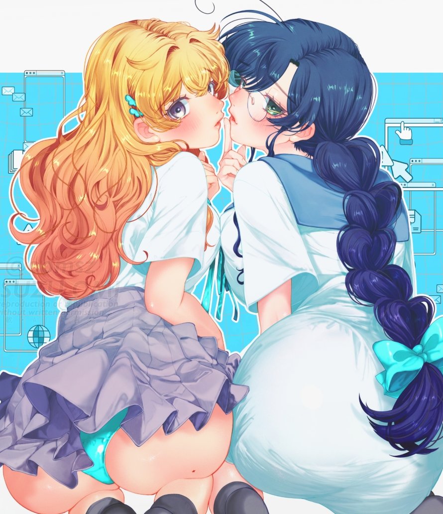 2girls, ahoge, aqua_bow, ass, blonde_hair, blue_background, blue_hair, blue_panties