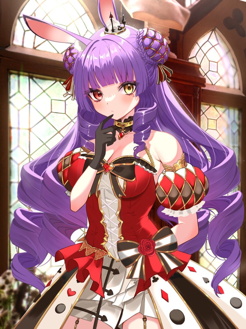 1girl, animal_ear_fluff, animal_ears, bare_shoulders, black_gloves, blunt_bangs, blush, breasts