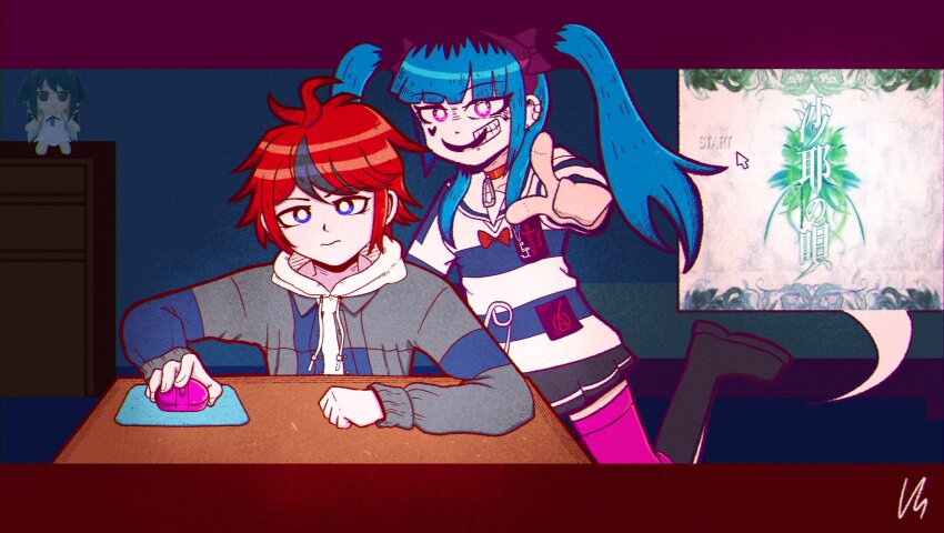 1boy, 2girls, absurdres, ahoge, amemiya_darumi, black_boots, black_bow, black_hair