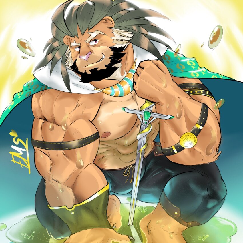 1boy, abs, animal_ears, arsalan_(housamo), bara, barefoot, black_pants, cape, claws, commentary, duckus5, english_commentary, furry, furry_male, green_cape, highres, holding, holding_sword, holding_weapon, leather, leather_pants, lion_boy, lion_ears, lion_mane, male_focus, muscular, muscular_male, navel, nipples, pants, pectorals, planted, planted_sword, planted_weapon, signature, smile, sword, tokyo_houkago_summoners, topless_male, weapon, whiskers
