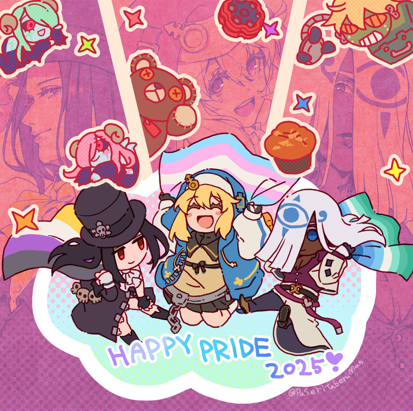 1other, 2025, 2boys, 3girls, :d, ^_^, androgyne_symbol, artist_name, belt, black_gloves, black_hair, black_hat, blue_eyes, blue_jacket, blush_stickers, bridget_(guilty_gear), chibi, closed_eyes, commentary, dark-skinned_male, dark_skin, english_commentary, english_text, fingerless_gloves, flag, gay_male_pride_flag, gloves, guilty_gear, guilty_gear_strive, hair_between_eyes, hair_over_one_eye, hat, highres, holding, holding_flag, jacket, jumping, lgbt_pride, long_hair, looking_at_viewer, medium_hair, multiple_boys, multiple_girls, non-binary_flag, open_mouth, partially_unbuttoned, paseritaberuman, pectoral_cleavage, pectorals, pleated_skirt, purple_shirt, red_eyes, robo-ky, roger_(guilty_gear), shirt, skirt, skull_ornament, smile, succubus_familiar, testament_(guilty_gear), top_hat, transgender_flag, trap, twitter_username, venom_(guilty_gear), yellow_shirt