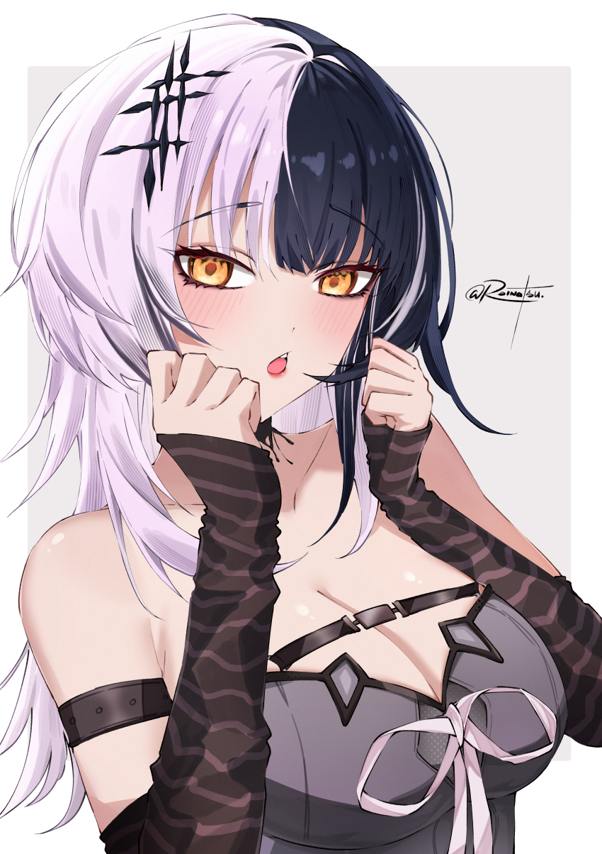1girl, absurdres, arm_strap, arm_warmers, black_arm_warmers, black_choker, black_dress, black_hair, breasts, choker, cleavage, dress, grey_hair, hands_up, highres, hololive, hololive_english, large_breasts, long_hair, looking_at_viewer, multicolored_hair, open_mouth, rainatsu, ribbon, shiori_novella, shiori_novella_(1st_costume), solo, split-color_hair, striped_arm_warmers, two-tone_hair, virtual_youtuber, white_ribbon, yellow_eyes