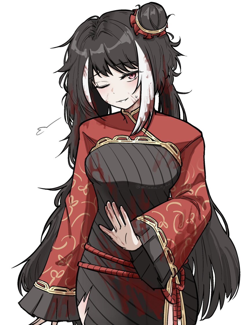 1girl, black_dress, black_hair, blood, blood_on_clothes, china_dress, chinese_clothes, dress