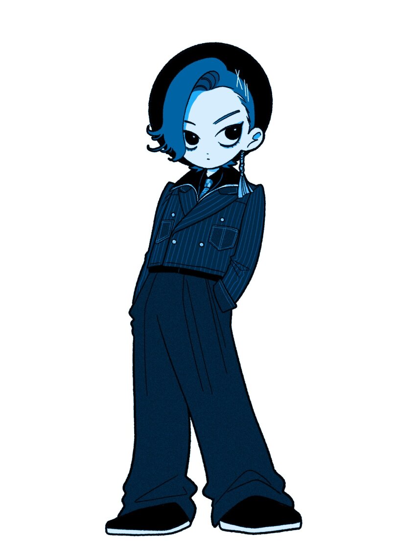 1boy, abinofa, asymmetrical_bangs, baggy_pants, blue_theme, breast_pocket, buttons, closed_mouth