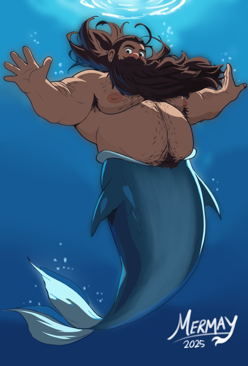 1boy, armpit_hair, armpit_hair_peek, bara, beard, beard_over_mouth, brown_hair, dungeon_meshi, facial_hair, fat, fat_man, fins, full_beard, hairy, highres, huge_pectorals, long_beard, looking_at_viewer, male_focus, mature_male, mermaid, merman, mermay_2025, monster_boy, monster_girl, monsterification, mustache, nipples, nude, senshi_(dungeon_meshi), skylar_(omariape), solo, sparse_chest_hair, thick_beard, thick_eyebrows, thick_mustache, thick_navel_hair, underwater, very_long_beard