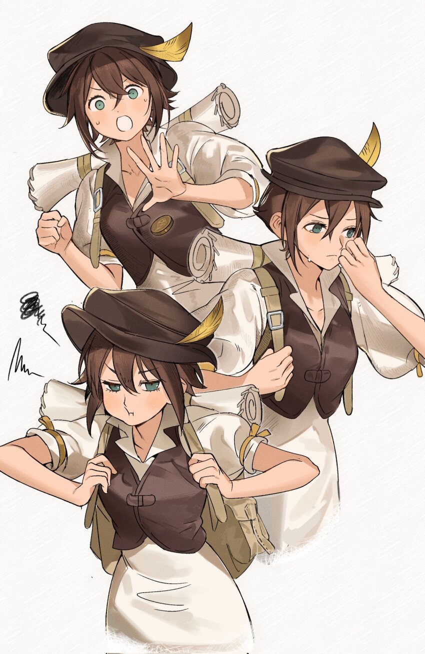 1girl, backpack, bag, black_hat, brown_hair, brown_vest, closed_mouth, coin