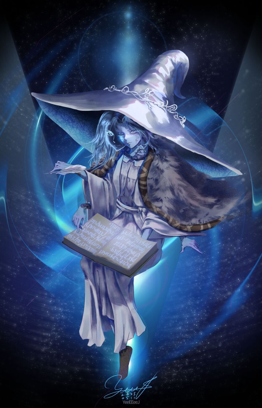 1girl, absurdres, blue_hat, blue_skin, book, cape, chinese_commentary, colored_skin