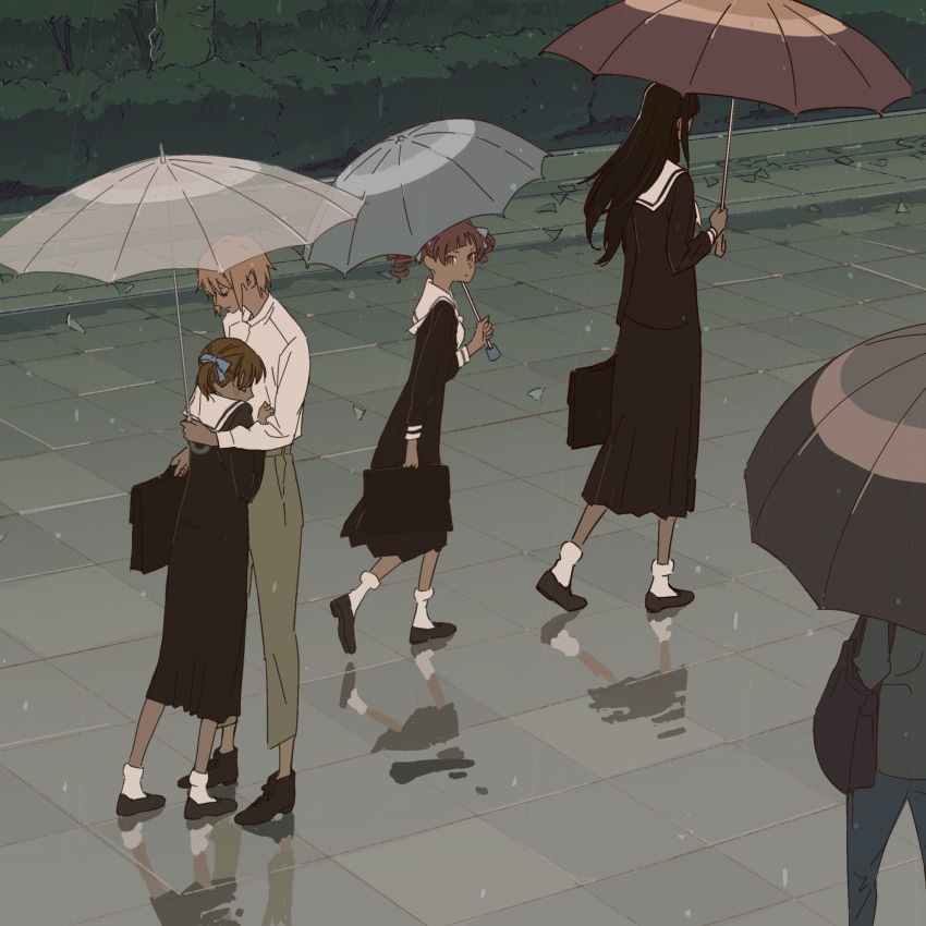 1boy, 3girls, 55bata6rou, bag, black_hair, black_serafuku, black_shirt, black_skirt